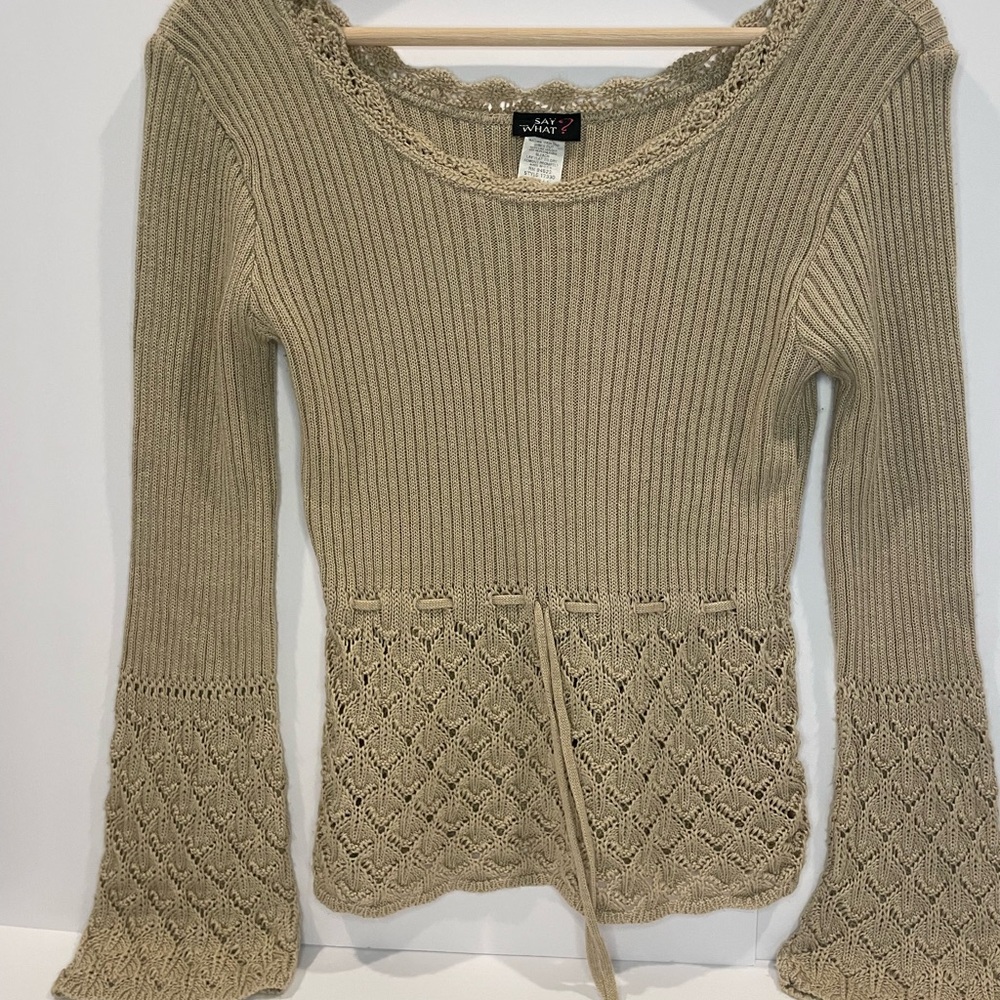 Say What? Beige Knit Top with Lace Accents Y2K